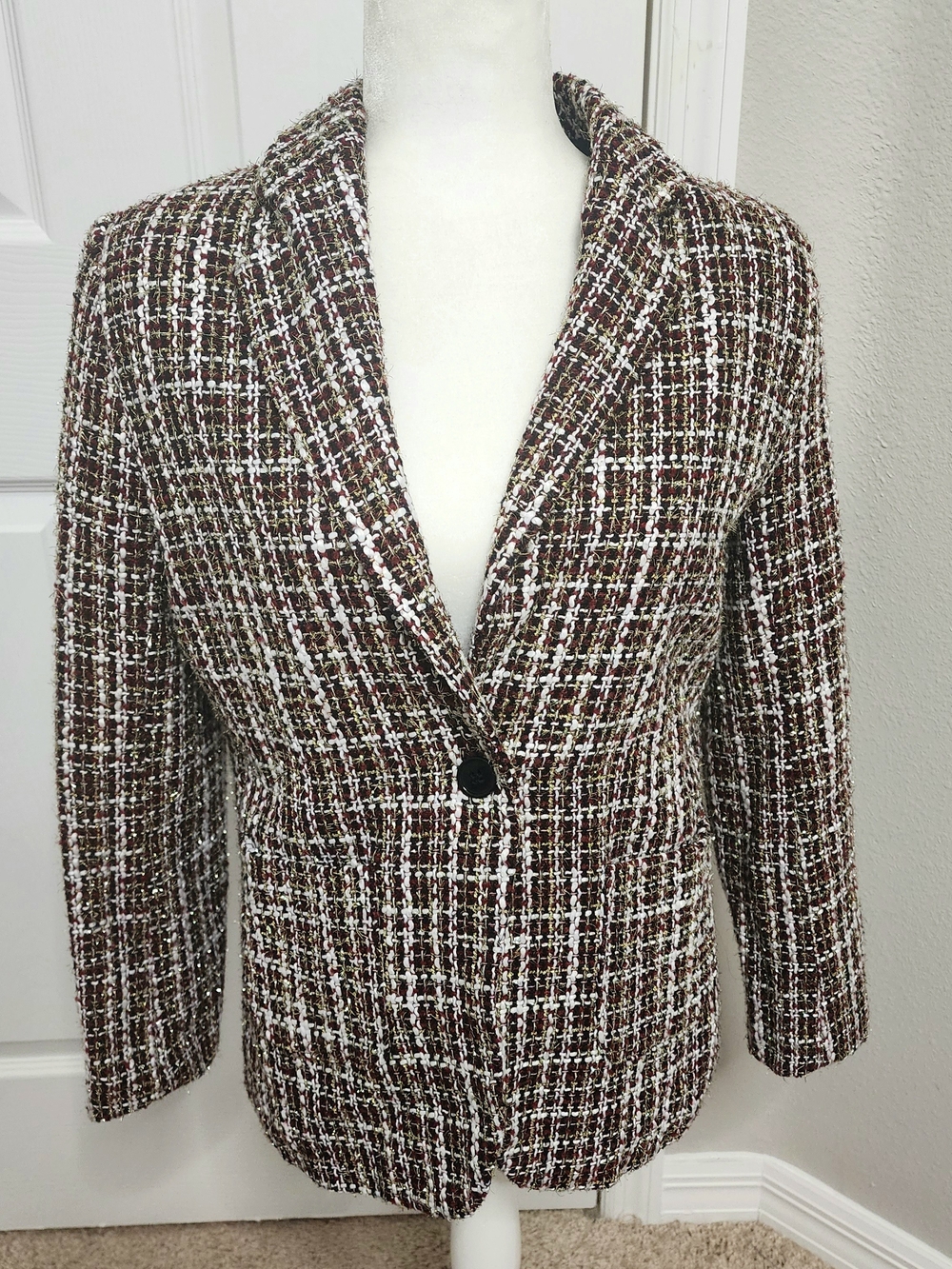 Women's Red, Black, and Gold Tweed Single-Button Blazer Jacket